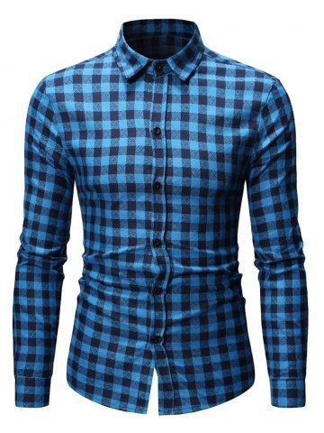 Botón encima de la tela escocesa de la camisa ocasional impresa - BLUE - M