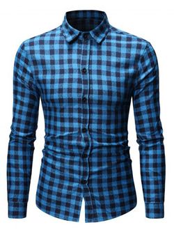 Botón encima de la tela escocesa de la camisa ocasional impresa - BLUE - M