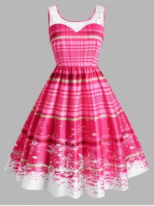 Plus Size Plaid Snowflake Lace Insert 1950s Dress