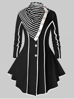 Plus Size Stripe Trim Skirted Coat With Scarf - BLACK - L