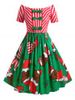 Plus Size Bowknot Off The Shoulder Christmas Print Dress -  
