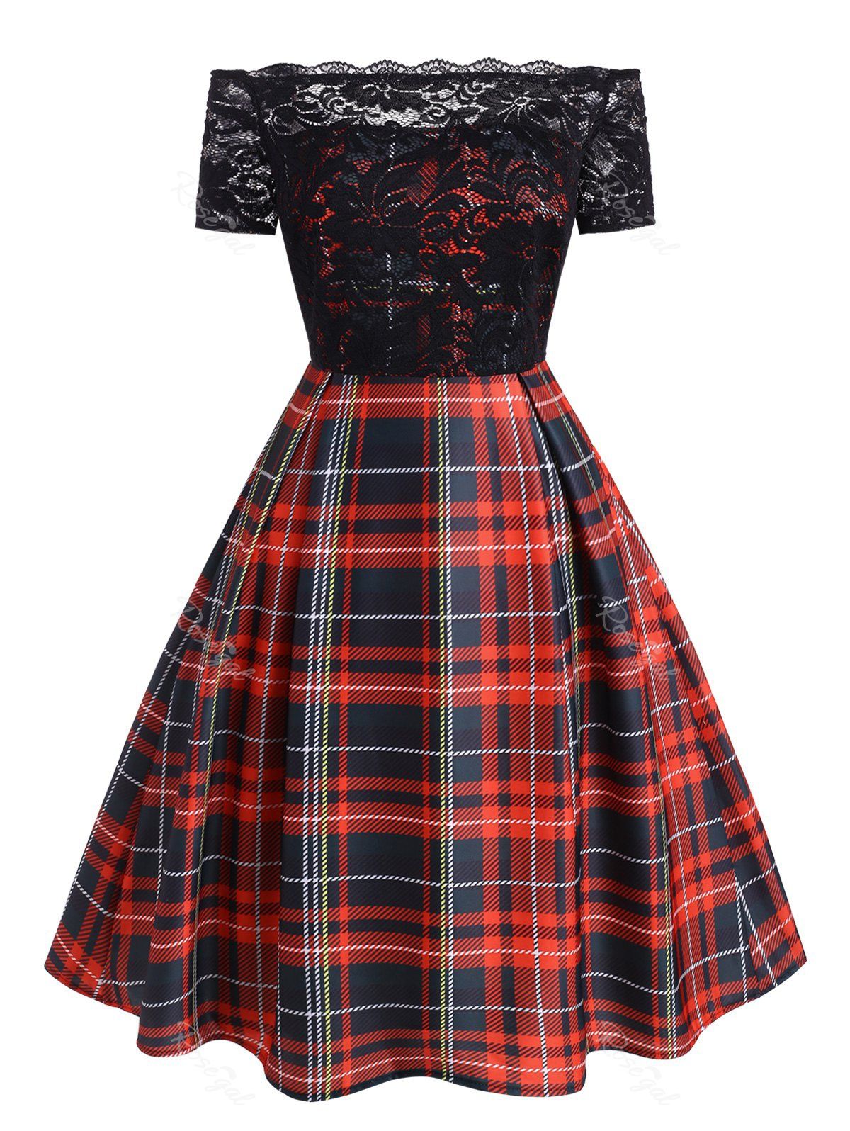 

Plus Size Lace Insert Off Shoulder Plaid Dress, Red