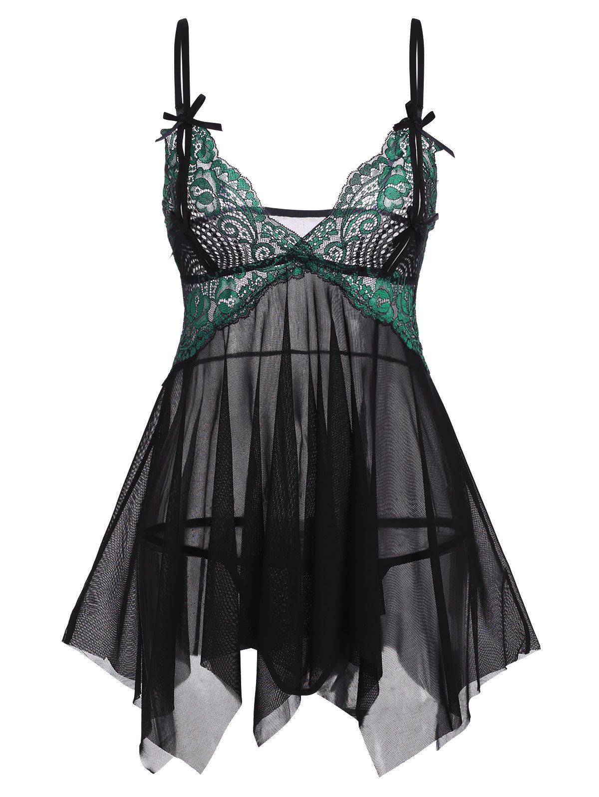 

Lace and Mesh Peek A Boo Handkerchief Babydoll Set, Green