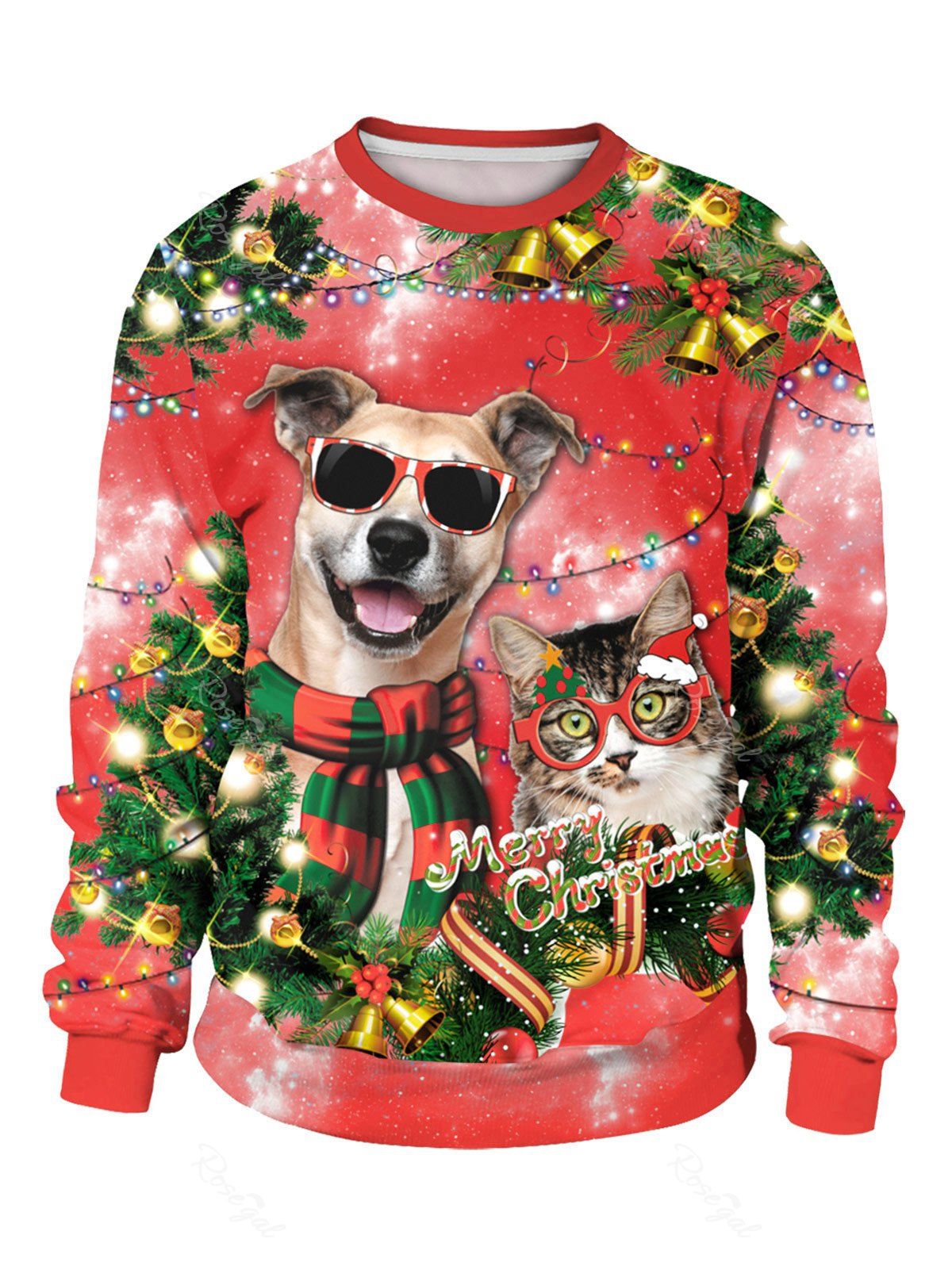 

Christmas Tree Dog And Cat Print Sweatshirt, Red