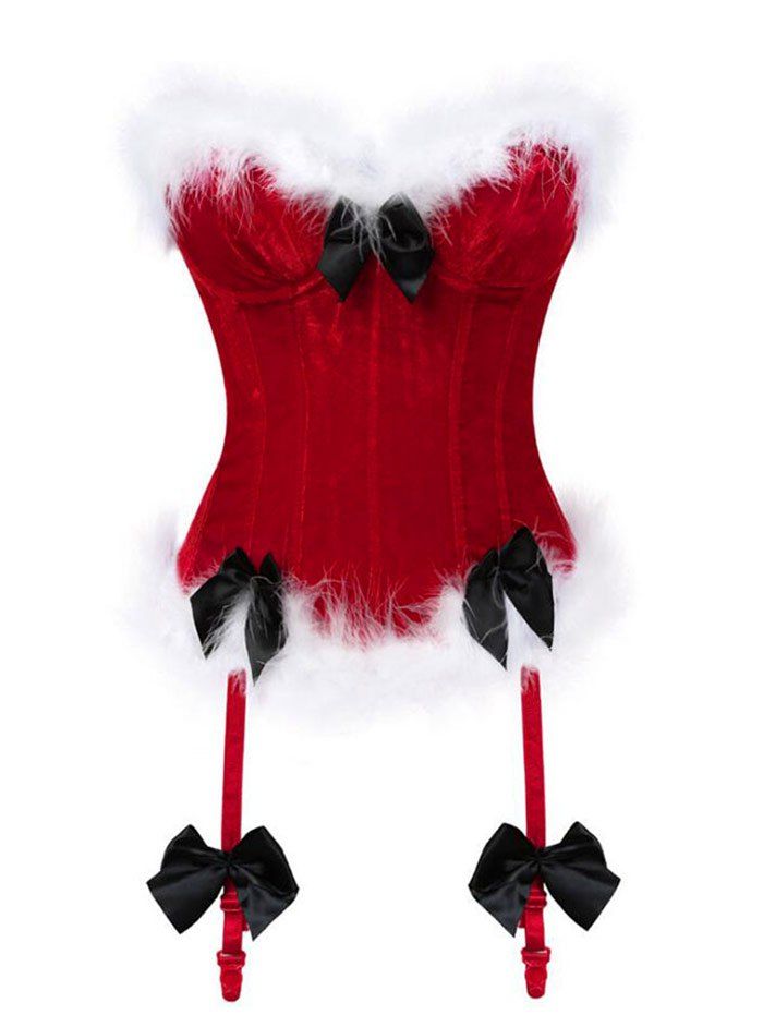 

Christmas Feather Trim Boned Velvet Underwire Overbust Gartered Corset Set, Red