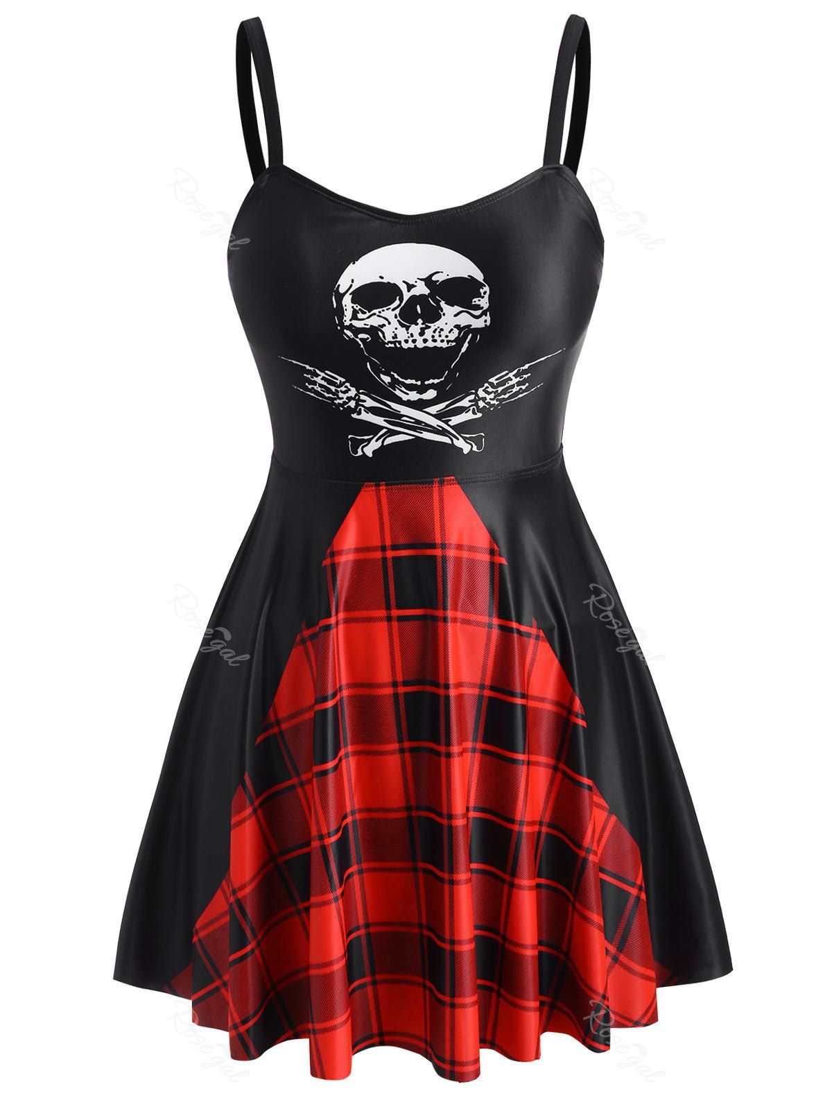 

Plus Size Skull Plaid Pattern Skirted Tankini Swimwear, Black