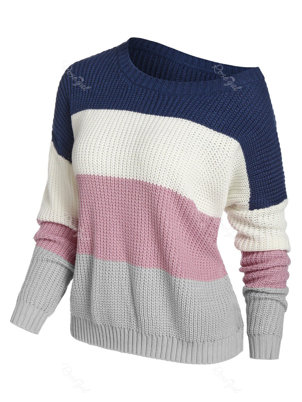 Chic Plus Size Color Blocking Drop Shoulder Skew Collar Sweater  