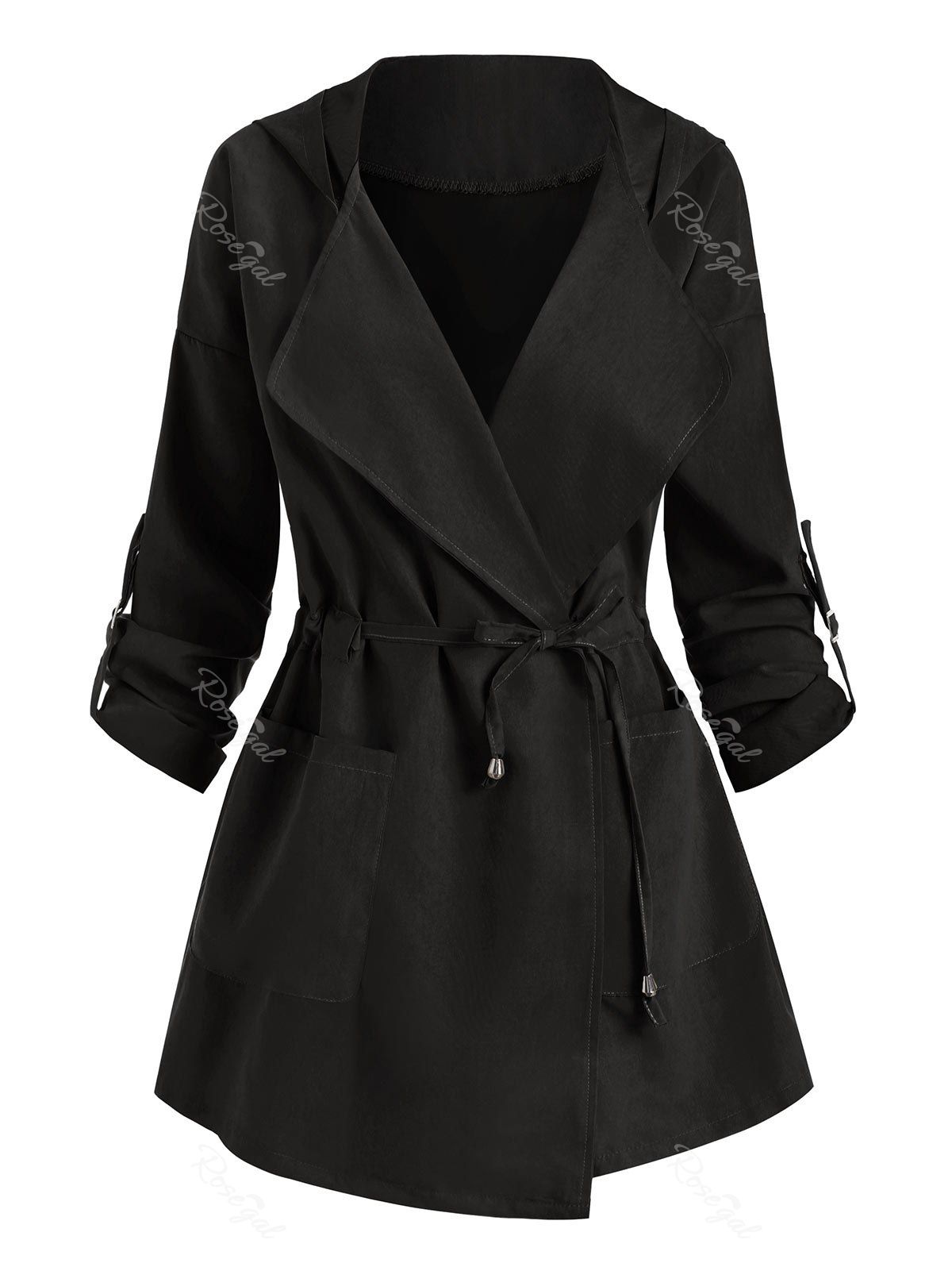 

Hooded Pocket Roll Tab Sleeve Jacket, Black
