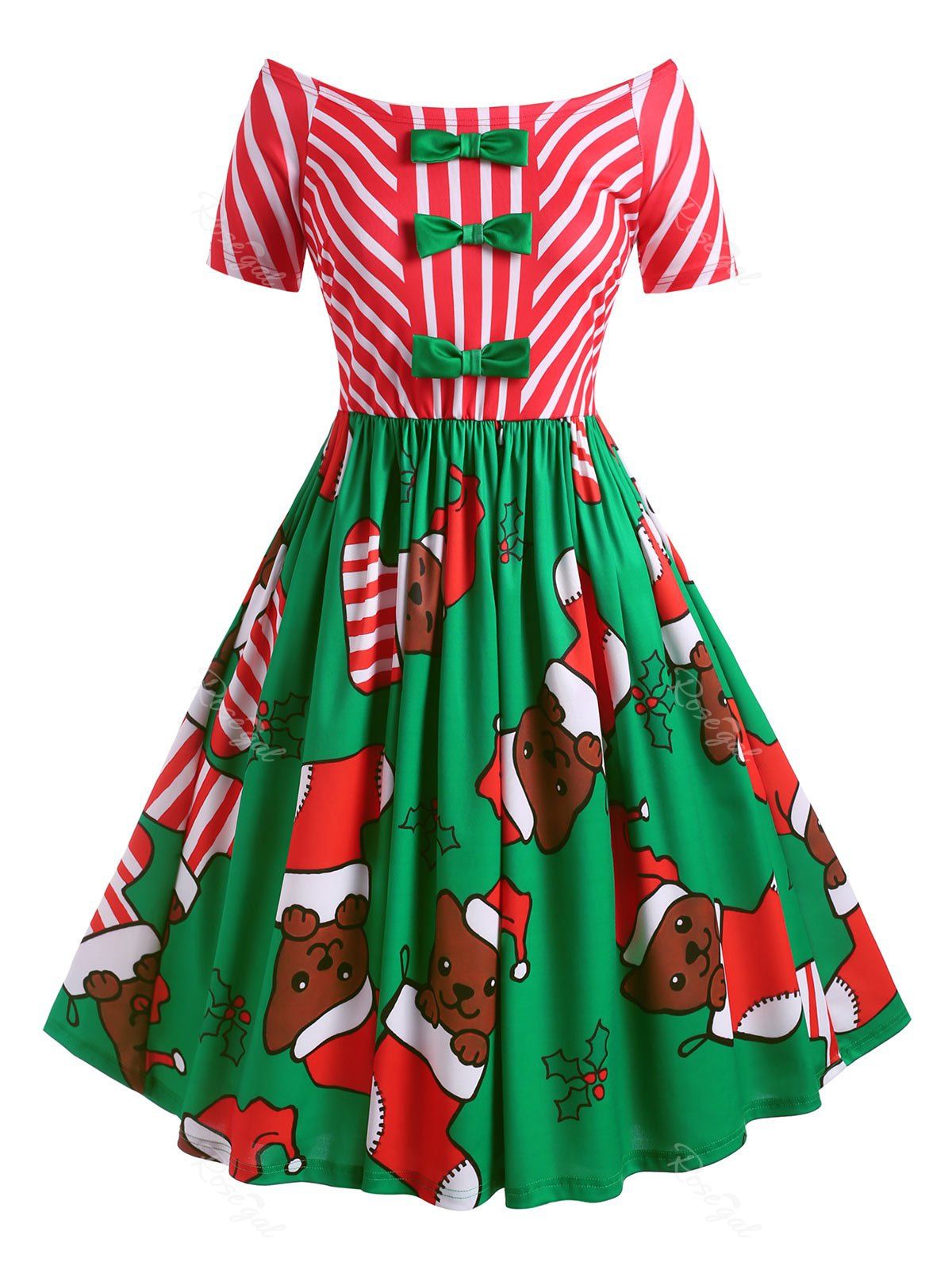 Store Plus Size Bowknot Off The Shoulder Christmas Print Dress  