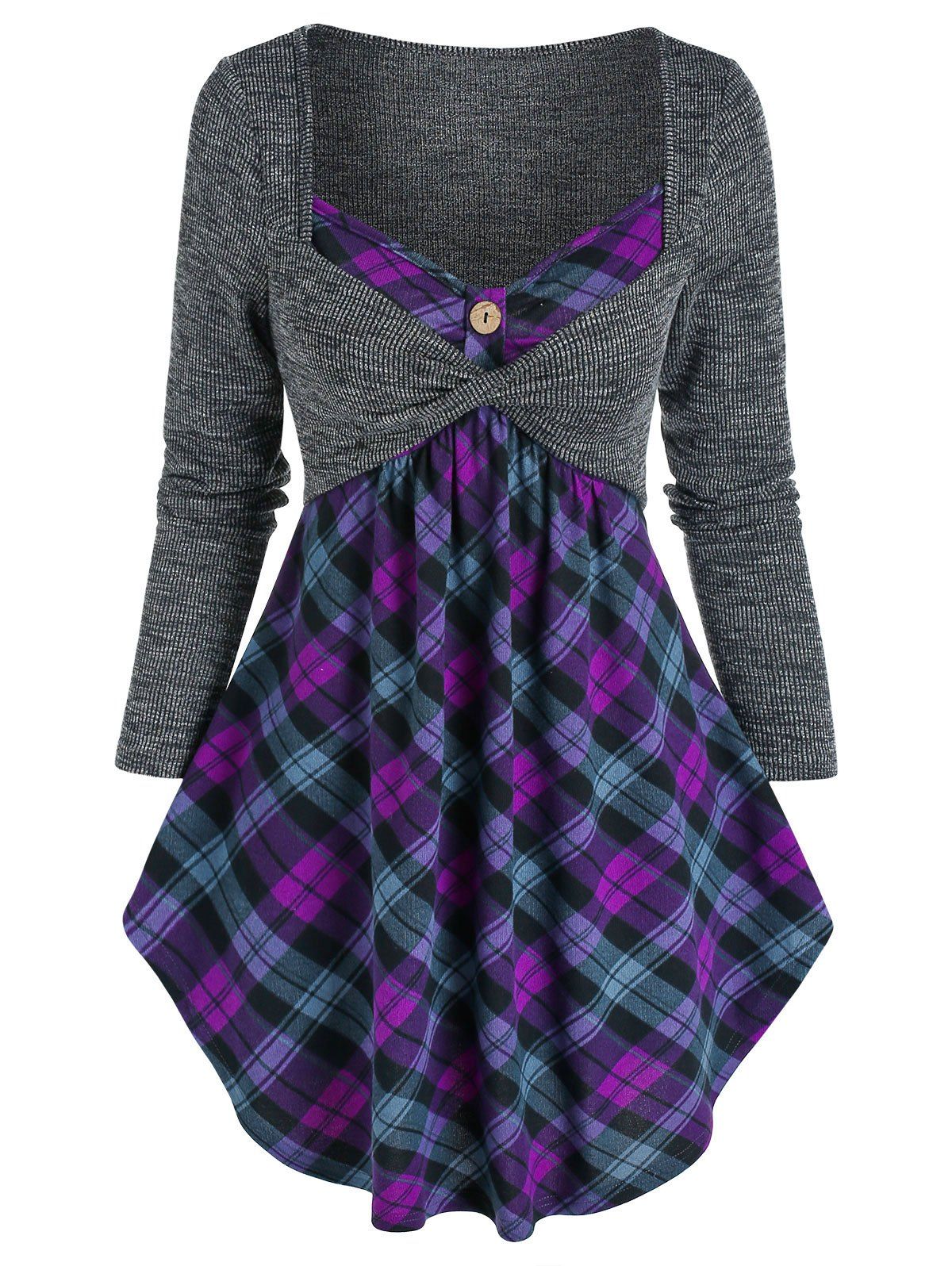 

Twist Front Plaid Print Faux Twinset Sweater, Dark slate grey