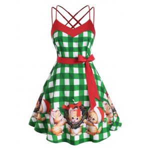 

Criss Cross Strappy Plaid Christmas Cat Plus Size Dress, Green