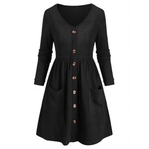

Ribbed Button Embellished Pocket Mini Dress, Black
