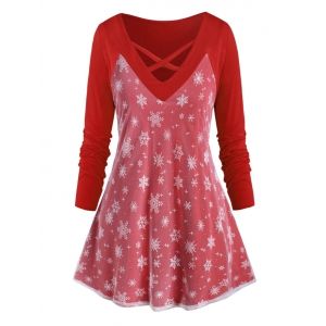 

Plus Size Christmas Crisscross Snowflake Mesh Panel T Shirt, Red