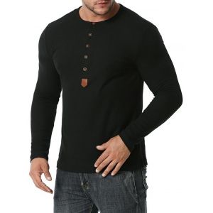 

Jacquard Button Round Collar Long Sleeve T-shirt, Black