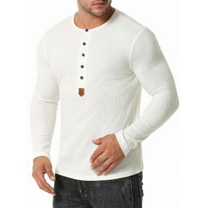 

Jacquard Button Round Collar Long Sleeve T-shirt, White