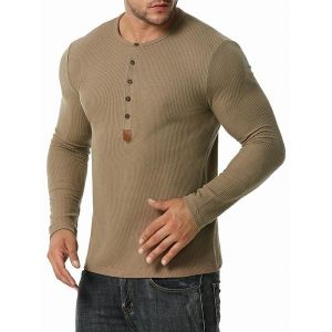 

Jacquard Button Round Collar Long Sleeve T-shirt, Coffee