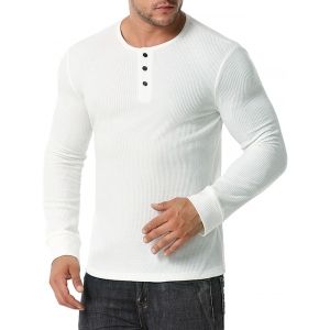 Long Sleeve Ribbed Henley T-shirt, White