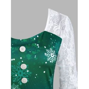 

Christmas Snowflake Mock Button Lace Insert T Shirt, Deep green