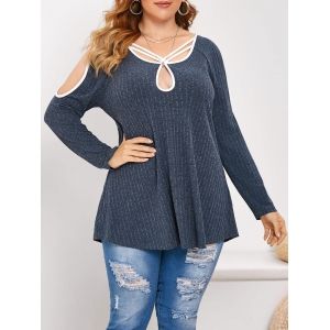 

Plus Size Keyhole Cold Shoulder Contrast Trim Knitted T Shirt, Slate blue