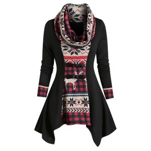 

Christmas Plaid Elk Buckle Embellished Handkerchief Top, Black