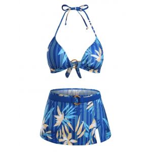 

Flower Striped O Ring Tie Side Three Piece Bikini Swimwear, Blue