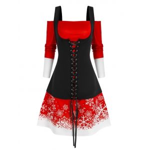 

Christmas Cold Shoulder Lace Up Snowflake Print Faux Fur Dress, Red