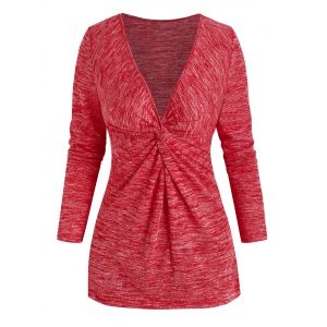 

Space Dye Front Twist V Neck T Shirt, Red