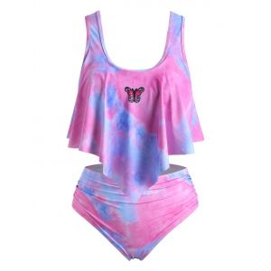 

Plus Size Tie Dye Butterfly Print Pointed Hem Ruched Tankini Swimwear, Multi