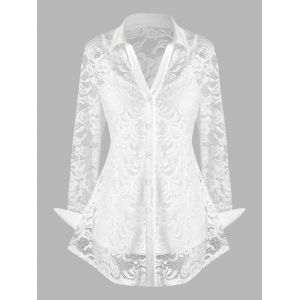 

Plus Size Lace Flower Sheer Blouse with Cami Top Set, White