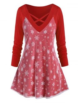 Plus Size Christmas Crisscross Snowflake Mesh Panel T Shirt - RED - 5X