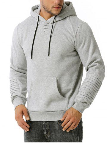 Pintuck Detail Kangaroo Pocket Fleece Hoodie - LIGHT GRAY - M