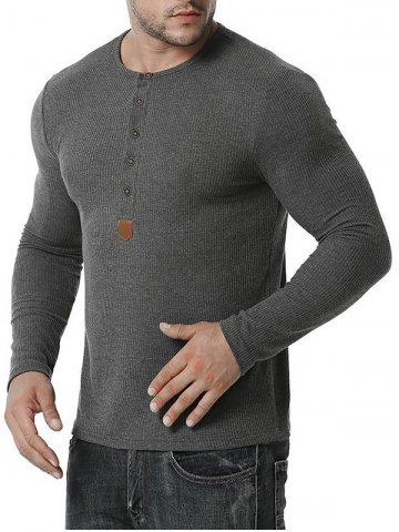 Jacquard Button Round Collar Long Sleeve T-shirt - DARK GRAY - XXL