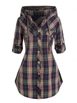 Plus Siz Plaid Hooded Roll Tab Sleeve Button Up Blouse
