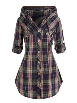 Plus Siz Plaid Hooded Roll Tab Sleeve Button Up Blouse