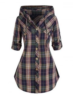 Plus Siz Plaid Hooded Roll Tab Sleeve Button Up Blouse - MULTI-A - 4X