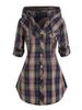 Plus Siz Plaid Hooded Roll Tab Sleeve Button Up Blouse -  