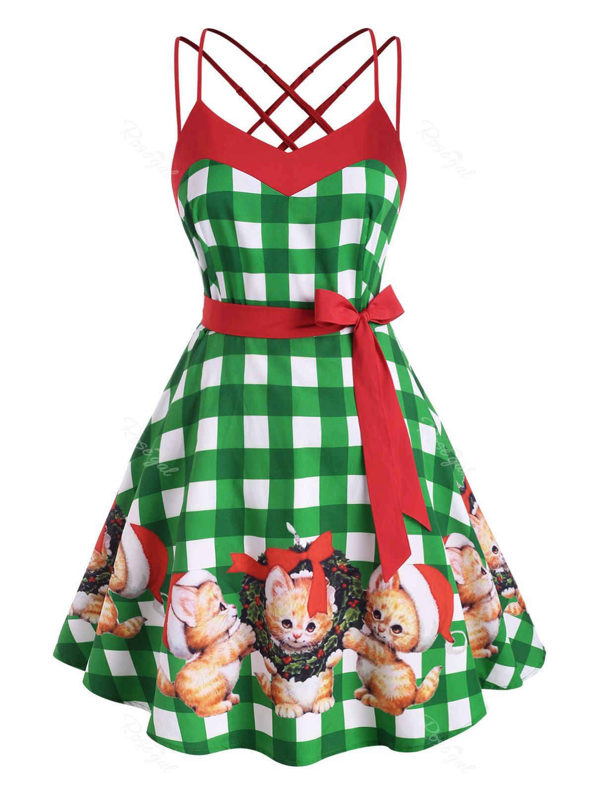 

Criss Cross Strappy Plaid Christmas Cat Plus Size Dress, Green