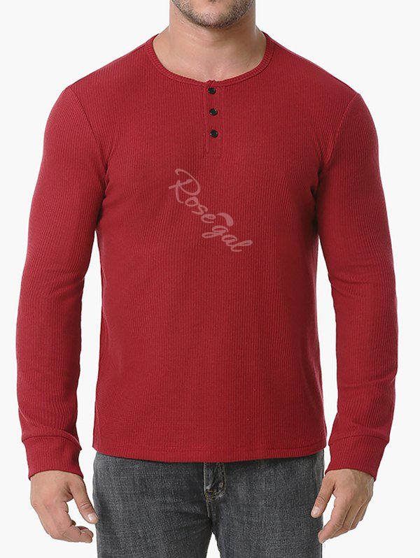 T-shirt Henley Côtelé à Manches Longues Rouge Vineux XXL