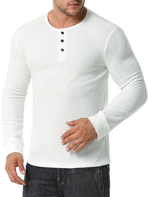 T-shirt Henley Côtelé à Manches Longues Blanc S