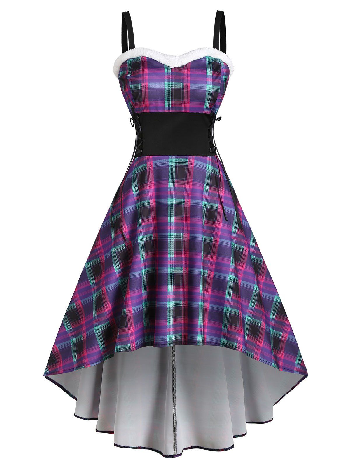 

Plaid Faux Fur Panel Lace Up Dip Hem Dress, Purple