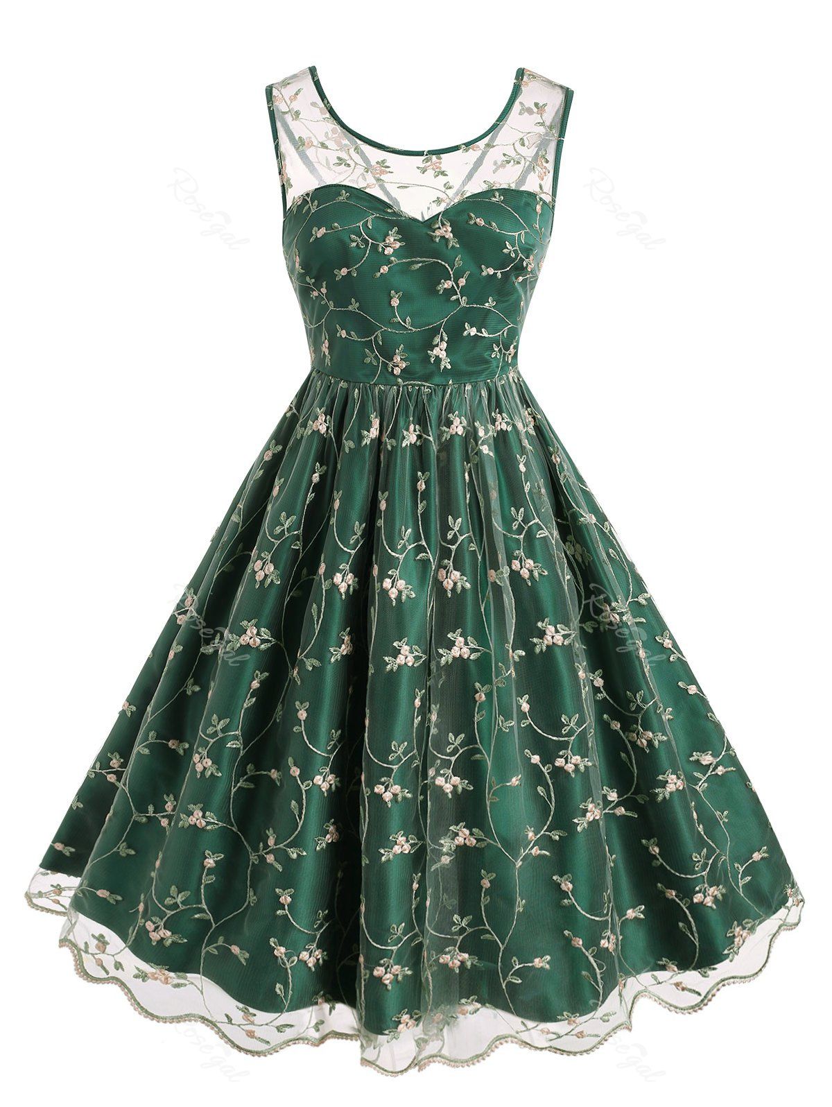 

Plus Size Vintage Embroidered Mesh Fit and Flare Dress, Deep green