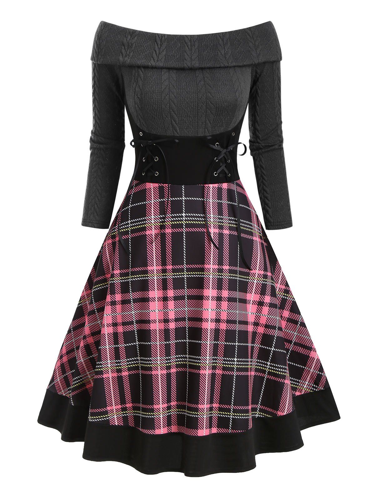 

Plaid Foldover Off Shoulder Lace Up Dress, Light pink