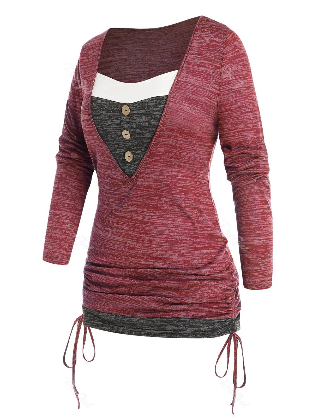 

Plus Size Space Dye 2 In 1 Cinched Ruched Tee, Red wine