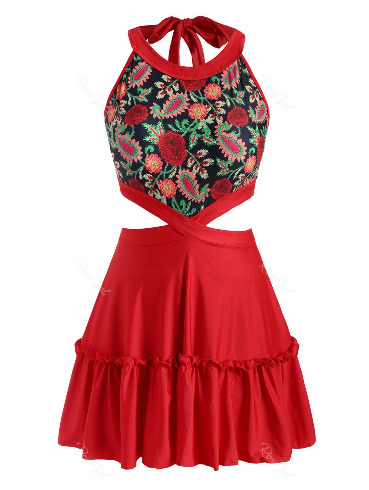 

Plus Size Plant Print Waist Cutout Tiered Skirted Tankini Swimwear, Red
