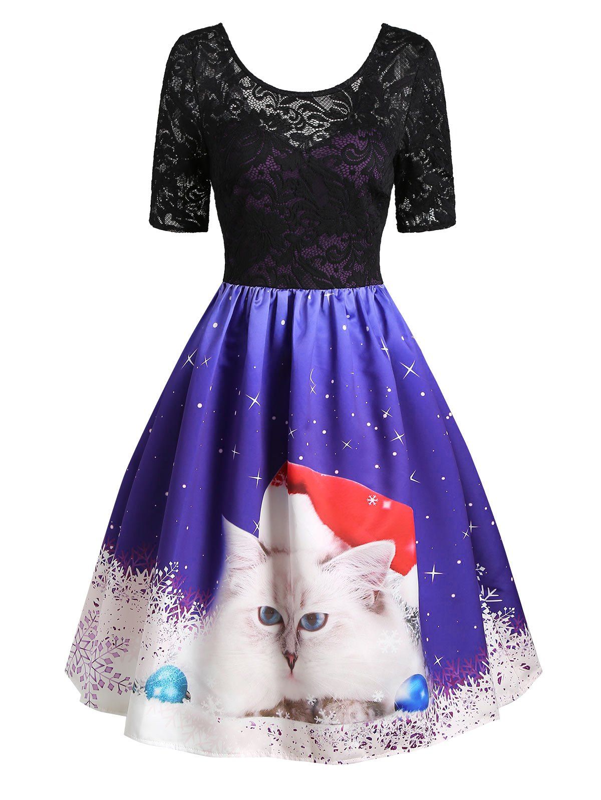 

Christmas Snowflake Cat Lace Insert V Back Dress, Blue