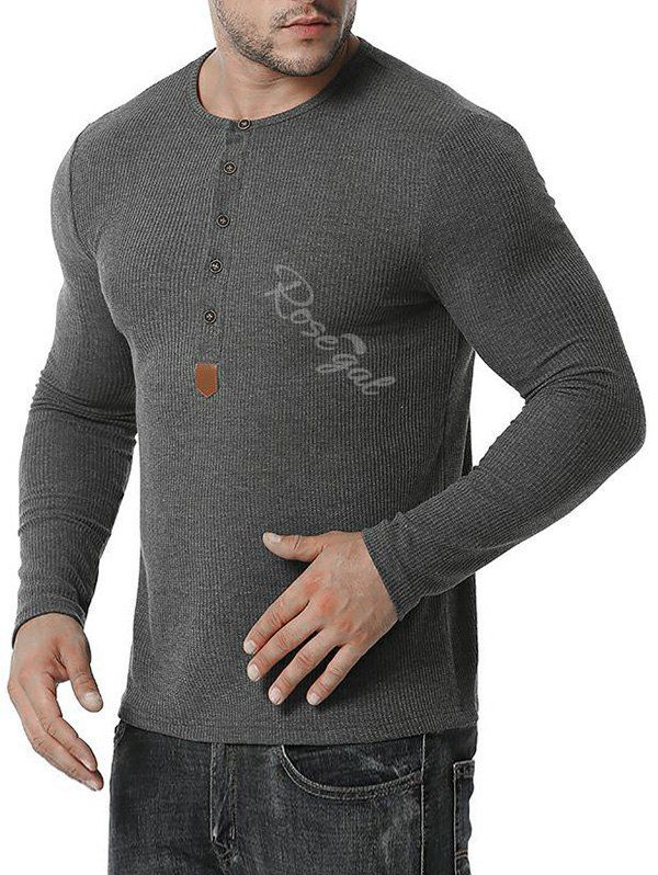 T-shirt Boutonné Jacquard à Col Rond à Manches Longues Gris Foncé XXL