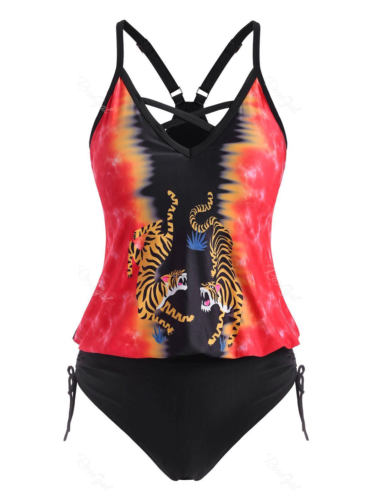 

Plus Size Tigers Print Crisscross Front Blouson Tankini Swimwear, Black