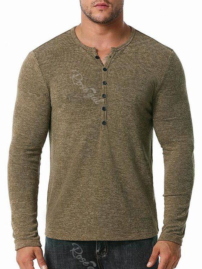 

Button Close-fitting Base Round Collar T-shirt, Coffee