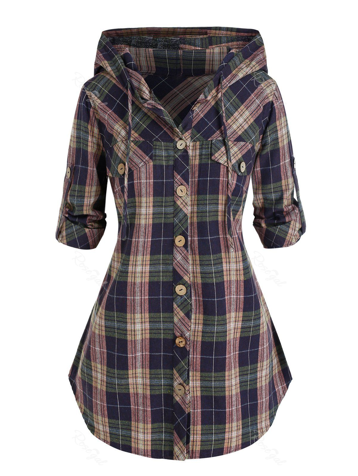 Unique Plus Siz Plaid Hooded Roll Tab Sleeve Button Up Blouse  