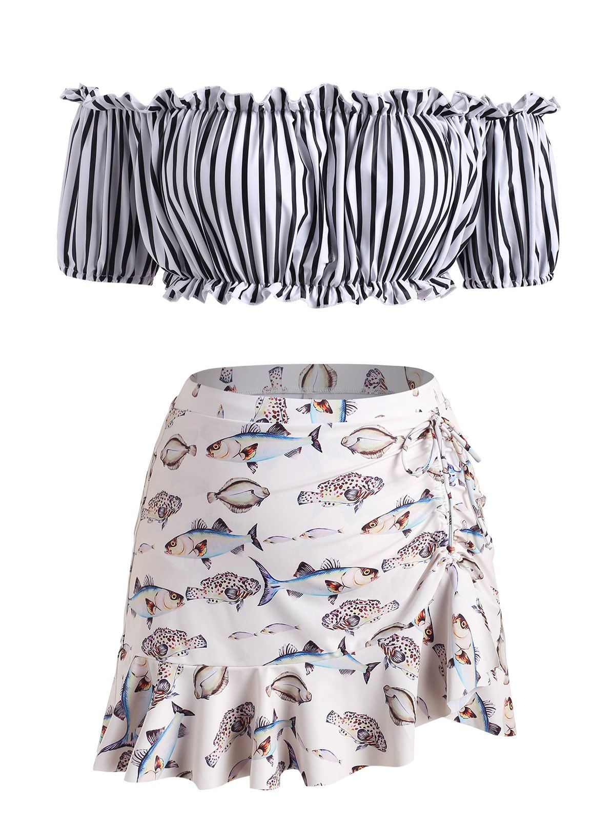 

Plus Size Off Shoulder Striped Fish Print Ruched Three Piece Swimsuit, White